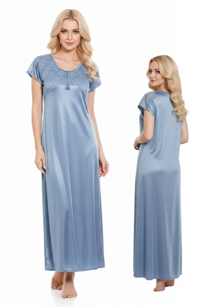 Comfort Women’s Satin Maxi Nightgown – Short Sleeve Long Sleep Dress with Lace Yoke, Soft Blue - Image 1